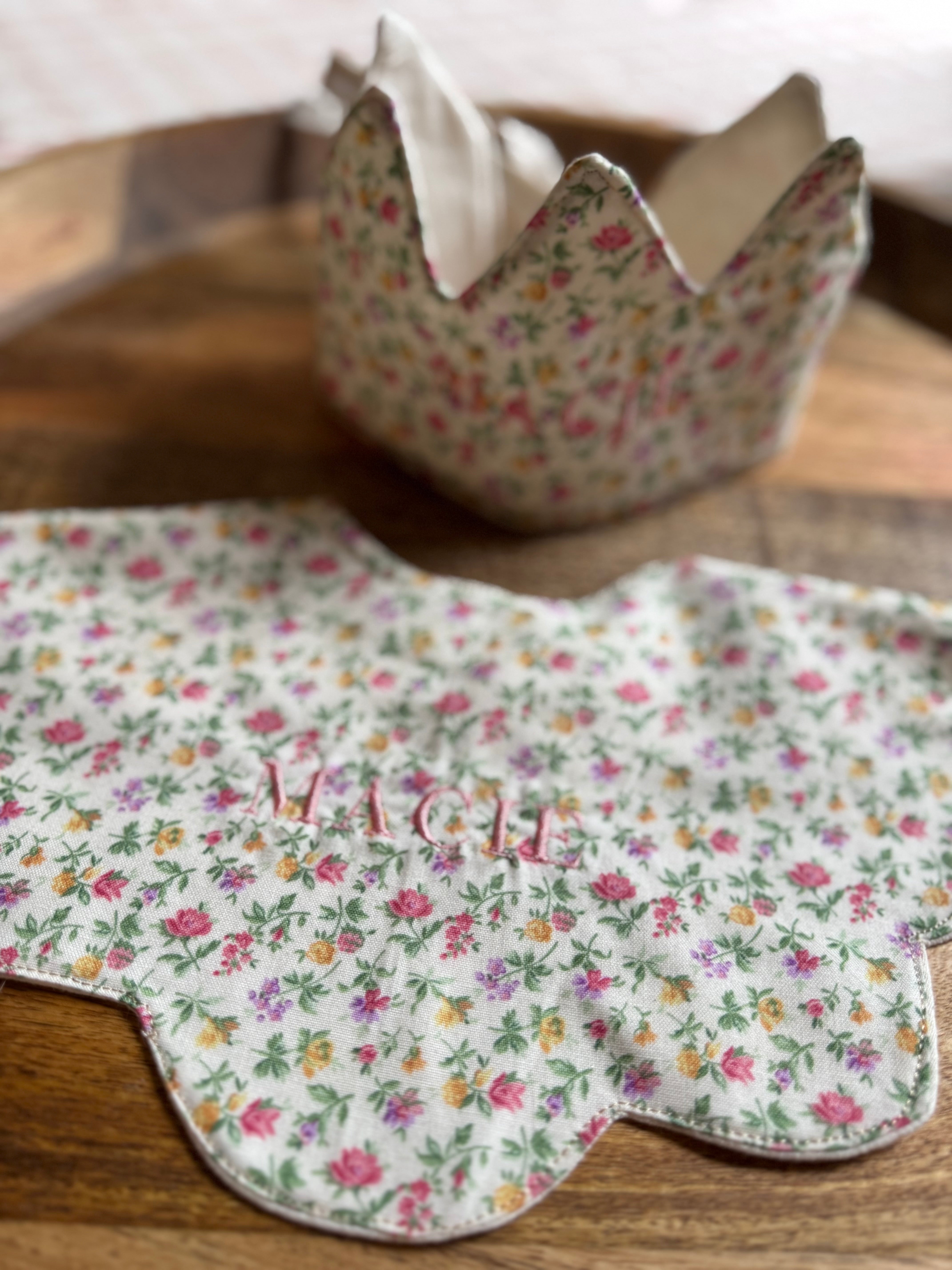 1st Birthday Crown Hat Bib Floral Personalized Embroidery Gift Set